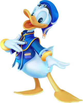Hình ảnh Vịt Donald của Disney trong trang phục màu xanh và vàng, tạo dáng năng động, phong cách 3D, nền xám.