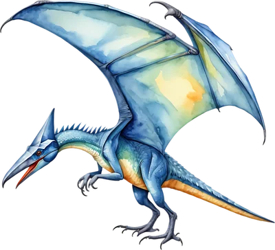 Hình minh họa khủng long bay Pterodactyl màu xanh và vàng theo phong cách màu nước, với đôi cánh rộng và mỏ nhọn.
