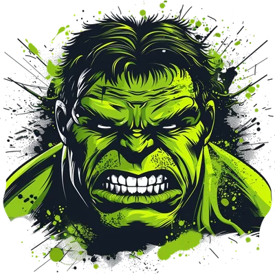 Hình ảnh cận mặt Hulk màu xanh lá cây giận dữ với biểu cảm hung tợn, răng nanh lộ rõ, nền hiệu ứng bắn sơn đen và xanh.