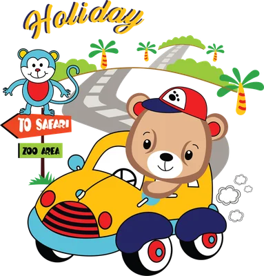 Hình vẽ hoạt hình gấu con đội mũ lái xe vàng, bên cạnh là khỉ xanh chỉ đường đi safari.