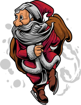 Hình minh họa ông già Noel đang trượt băng với túi quà trên vai, phong cách hoạt hình mạnh mẽ