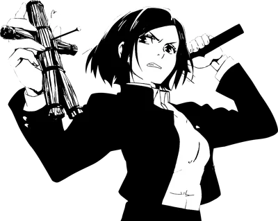 Hình ảnh minh họa phong cách anime đen trắng, một nữ chiến binh với mái tóc ngắn, mặc áo khoác đen, tay cầm một vật giống bùa chú và một thanh kiếm.