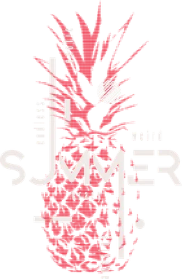 Hình in chuyển nhiệt họa tiết dứa với chữ "Summer" và các từ "exotic", "endless", "crazy", "amazing", "weird" trên nền xám.