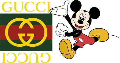 Hình ảnh nhân vật hoạt hình Mickey Mouse đang chạy nhảy vui vẻ bên cạnh logo thương hiệu Gucci.