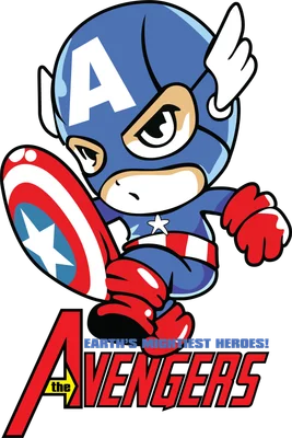 Hình ảnh Captain America phiên bản chibi dễ thương, mặc trang phục quen thuộc và cầm khiên tròn có ngôi sao.