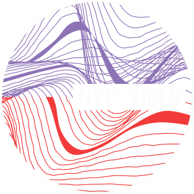 Hình tròn với họa tiết trừu tượng màu tím và đỏ, có chữ "NYC: VIBES" ở giữa.