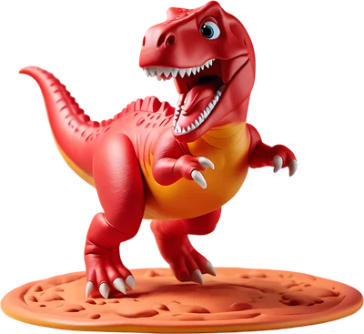 Hình ảnh khủng long T-Rex hoạt hình màu đỏ cam, đứng trên bệ tròn, miệng há to, mắt xanh, phong cách 3D, trông rất dễ thương và năng động.