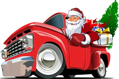 Hình vẽ Ông Già Noel đội mũ, mặc đồ đỏ, lái xe tải đỏ chở đầy quà và cây thông Noel.
