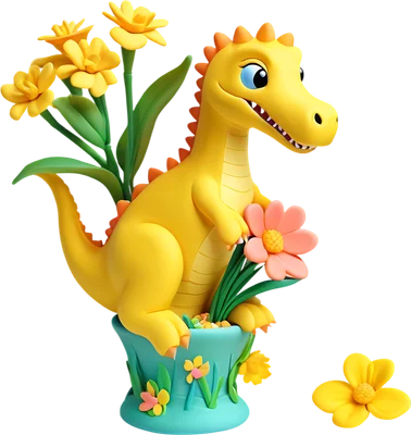 Hình ảnh 3D khủng long con màu vàng đáng yêu ngồi trong chậu cây xanh với nhiều bông hoa vàng và hồng rực rỡ.