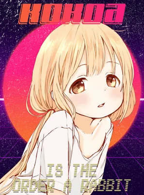 Hình ảnh cô gái anime tóc vàng với đôi mắt to tròn, mặc áo trắng, trên nền retro với mặt trời cam và lưới tím.