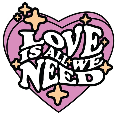 Hình ảnh trái tim màu hồng với dòng chữ 'Love Is All We Need' phong cách retro, có các ngôi sao lấp lánh.
