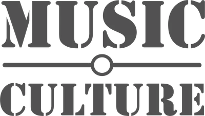 Logo "Music Culture" với phông chữ stencil, màu xám trên nền xám.