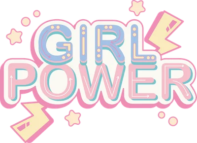 Hình in chữ GIRL POWER màu hồng, xanh, vàng pastel với viền trắng, trang trí sao và tia sét trên nền xám.