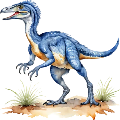 Hình vẽ khủng long xanh Velociraptor đứng trên đất, phong cách màu nước, chi tiết lông vũ và móng vuốt sắc nhọn.