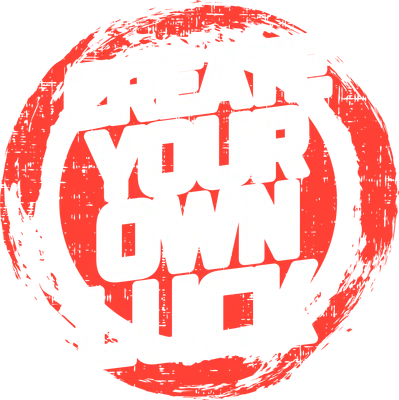 Hình in chữ Create Your Own Luck màu trắng phong cách grunge trên nền vòng tròn đỏ loang lổ và nền xám.