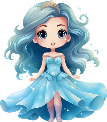 Hình ảnh công chúa chibi hoạt hình với tóc xanh bồng bềnh, mắt to, đội vương miện vàng và mặc váy xanh lấp lánh.
