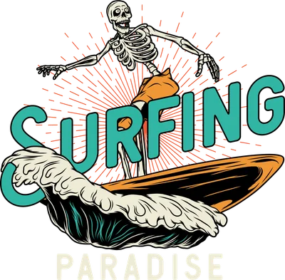Hình minh họa bộ xương đang lướt sóng với chữ Surfing Paradise phong cách cổ điển