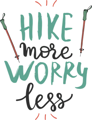 Hình ảnh minh họa câu nói 'Hike more worry less' với gậy leo núi và phông nền xám.