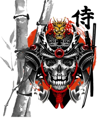 Hình ảnh chiến binh Samurai đầu lâu với mũ giáp rồng, kiếm Nhật và cây tre.