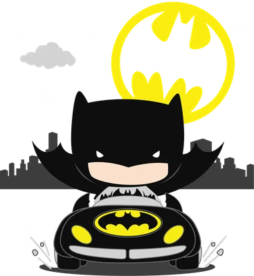 Hình vẽ chibi Batman lái xe Batmobile dưới trăng và biểu tượng Batman.