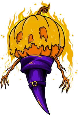 Hình minh họa quả bí ngô Halloween bốc lửa đội mũ phù thủy màu tím