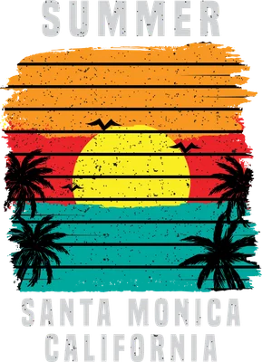 Thiết kế đồ họa hoàng hôn trên biển với cây dừa và chữ Summer Santa Monica California phong cách retro