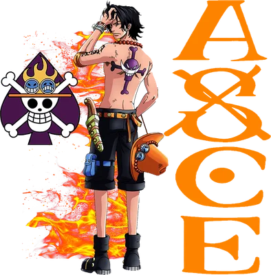 Nhân vật Portgas D. Ace từ anime One Piece với hình xăm đầu lâu trên lưng, đội mũ, cầm dao, xung quanh có lửa và biểu tượng hải tặc.