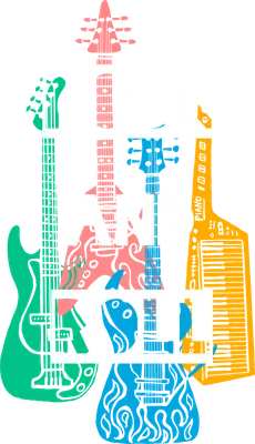 Hình minh họa Rock and Roll với chữ trắng nổi bật trên nền các cây đàn guitar và đàn phím màu sắc rực rỡ.