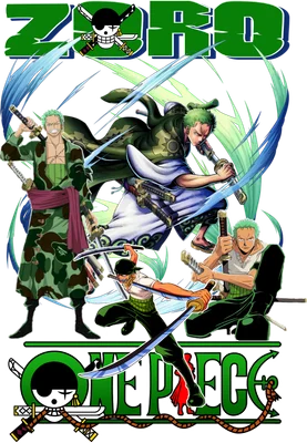 Hình ảnh Roronoa Zoro từ anime One Piece với 4 tạo hình khác nhau, bao gồm các tư thế chiến đấu và trang phục đa dạng.