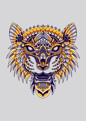 Hình ảnh mặt hổ với họa tiết mandala phức tạp, màu vàng và đen chủ đạo, trên nền xám.
