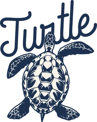 Hình ảnh minh họa rùa biển màu xanh navy và trắng, có chữ "Turtle" phía trên.