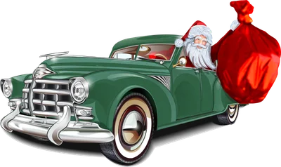 Hình ảnh Ông Già Noel đội mũ đỏ, râu trắng, đang lái một chiếc xe hơi cổ màu xanh lá cây, tay vác một túi quà lớn màu đỏ.
