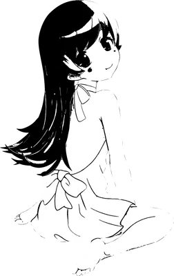 Hình vẽ cô gái anime dễ thương với mái tóc đen dài, đang ngồi quay lưng, mặc váy có nơ.