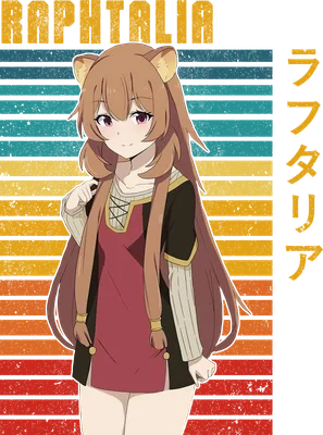 Hình ảnh Raphtalia, nhân vật anime với tai mèo, tóc nâu dài, mặc trang phục đỏ và đen, trên nền sọc ngang màu retro.