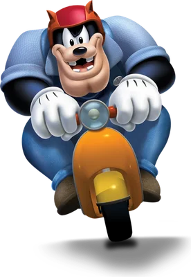 Hình ảnh Goofy hoạt hình vui vẻ lái xe scooter màu cam, đội mũ bảo hiểm đỏ và mặc đồ xanh.