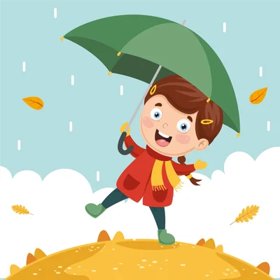 Hình vẽ hoạt hình một bé gái đang cười tươi, đội mũ, quàng khăn, cầm ô xanh lá cây dưới trời mưa và lá vàng rơi.