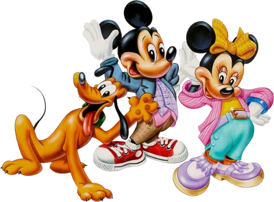 Hình ảnh hoạt hình Mickey Mouse, Minnie Mouse và Pluto vẫy tay chào, với màu sắc tươi sáng trên nền xám.