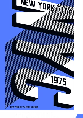 Thiết kế typography chữ New York City và 1975 màu xanh, trắng, đen với hiệu ứng 3D và sọc chéo.