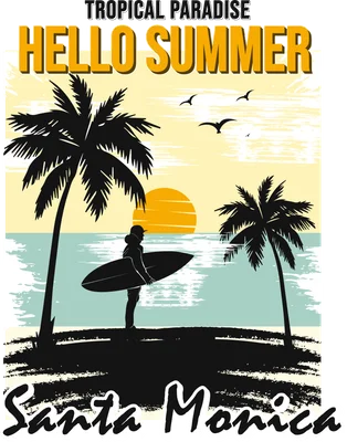Hình minh họa phong cảnh biển nhiệt đới với surfer cầm ván lướt sóng, cây dừa, mặt trời lặn, chim bay. Chữ 'Hello Summer' và 'Santa Monica'.
