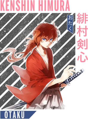 Hình ảnh Kenshin Himura, nhân vật anime với tóc đỏ buộc đuôi ngựa, mặc kimono đỏ, tay cầm kiếm.