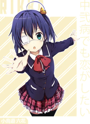 Hình ảnh cô gái anime tóc xanh, đeo băng đô vàng, băng mắt trái, mặc đồng phục học sinh
