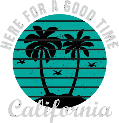 Hình ảnh thiết kế retro California với hai cây cọ, chim bay và dòng chữ 'HERE FOR A GOOD TIME California' trên nền sọc xanh ngọc.