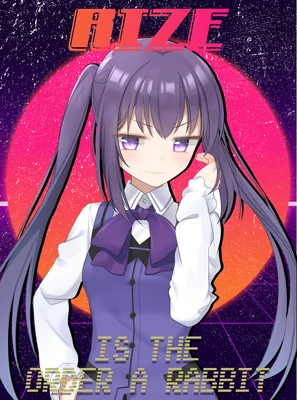 Hình ảnh cô gái anime tóc tím với đôi mắt tím, mặc đồng phục, phong cách retro synthwave.