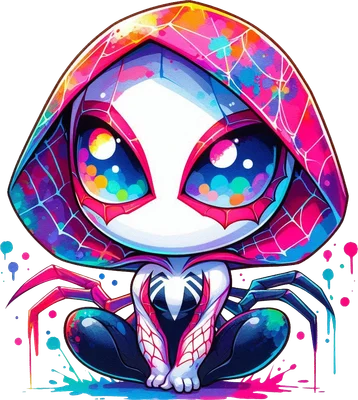 Hình ảnh Spider-Gwen phiên bản chibi ngồi xổm, trang phục trắng hồng tím với họa tiết mạng nhện và vệt sơn màu sắc.