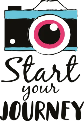 Hình ảnh máy ảnh màu đen, xanh dương, hồng và trắng với dòng chữ "Start your Journey" bên dưới.