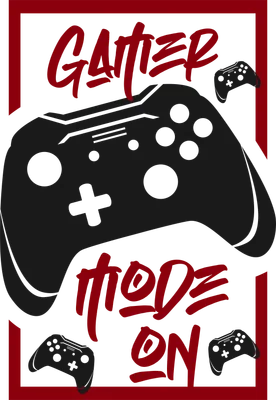 Hình minh họa tay cầm chơi game màu đen với chữ 'Gamer Mode On' màu đỏ trên nền xám, có khung viền đỏ.