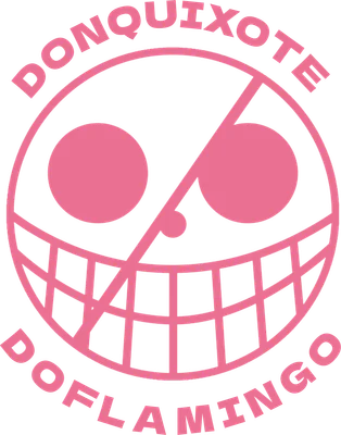Biểu tượng Donquixote Doflamingo từ anime One Piece, hình tròn với mặt cười và chữ, màu hồng trên nền xám.
