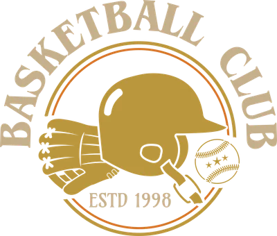 Logo câu lạc bộ thể thao phong cách vintage với mũ bảo hiểm, găng tay và bóng chày, chữ Basketball Club ESTD 1998.