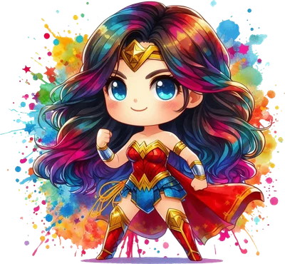 Hình ảnh Wonder Woman phiên bản chibi dễ thương với trang phục siêu anh hùng, tóc nhiều màu sắc và hiệu ứng màu nước rực rỡ.