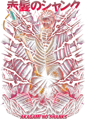 Hình ảnh nhân vật Shanks Tóc Đỏ từ One Piece, cầm kiếm, với hiệu ứng hào quang đỏ rực và chữ Nhật Bản.
